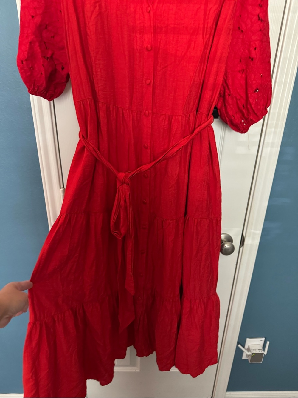 Jealous Tomato Red Tiered Button-Front Maxi Dress with Tie Waist - Picture 3 of 5